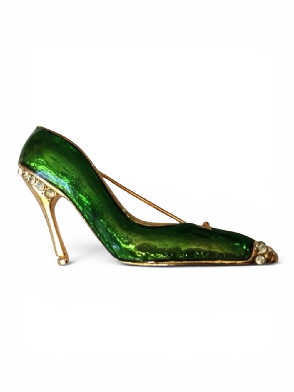 Vintage Green Enamel High‑Heel Shoe Brooch - Gold‑Tone w/ Rhinestones - Picture 4 of 11
